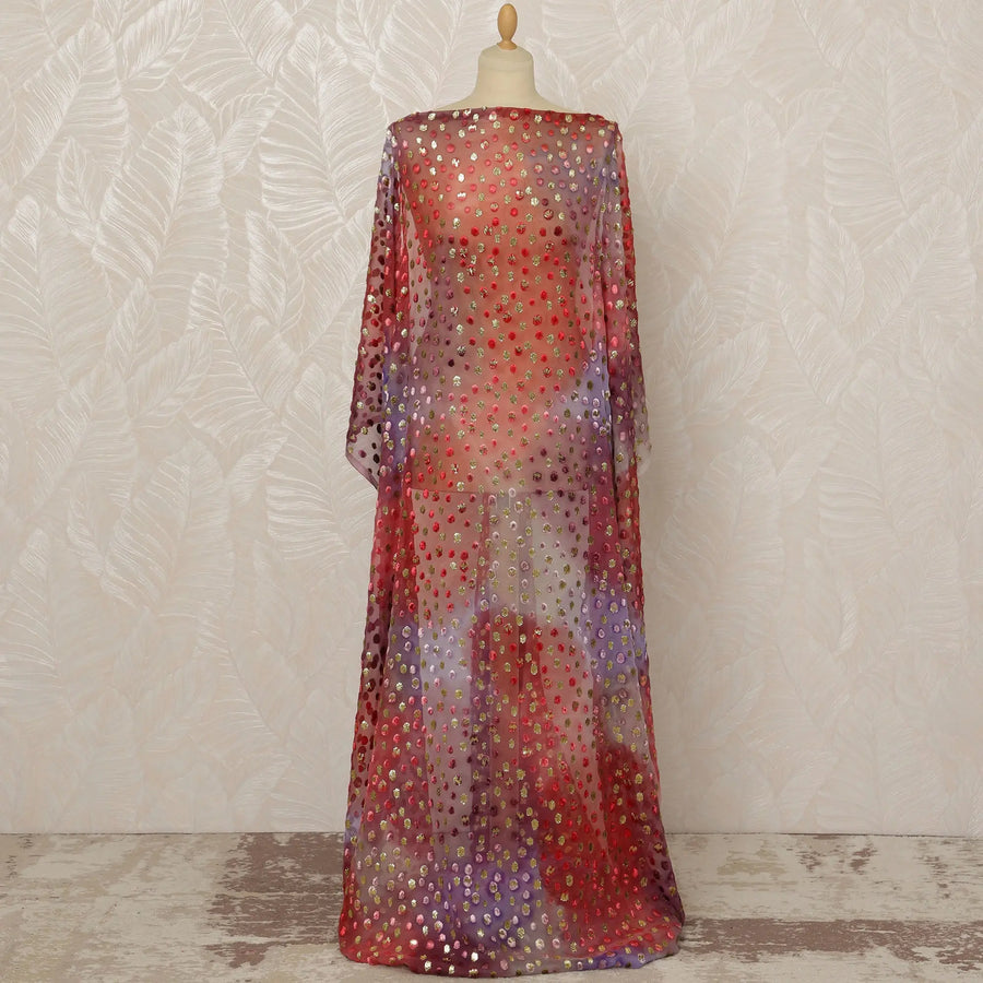 Traditional Somali Dirac Silk Blended Velvet Chiffon Fabric in Red and Purple with Gold Polka Dot Design, 3.5 Meters, 140 cm Width-D20609 Regal Fabrics