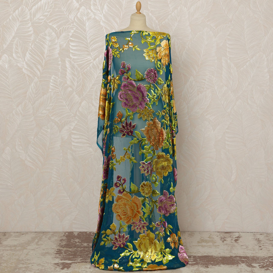 Traditional Somali Dirac Silk Blended Velvet Chiffon Fabric in Teal with Gold and Purple Floral Design, 3.5 Meters, 140 cm Width-D20610