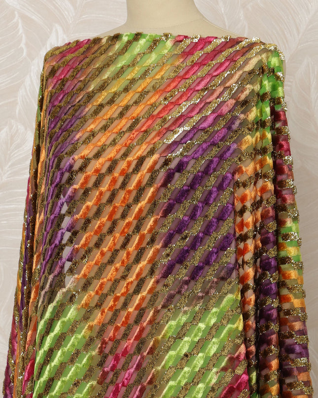 Traditional Somali Dirac Silk Blended Velvet Chiffon Fabric in Multicolor Striped Design, 3.5 Meters, 140 cm Width-D20611