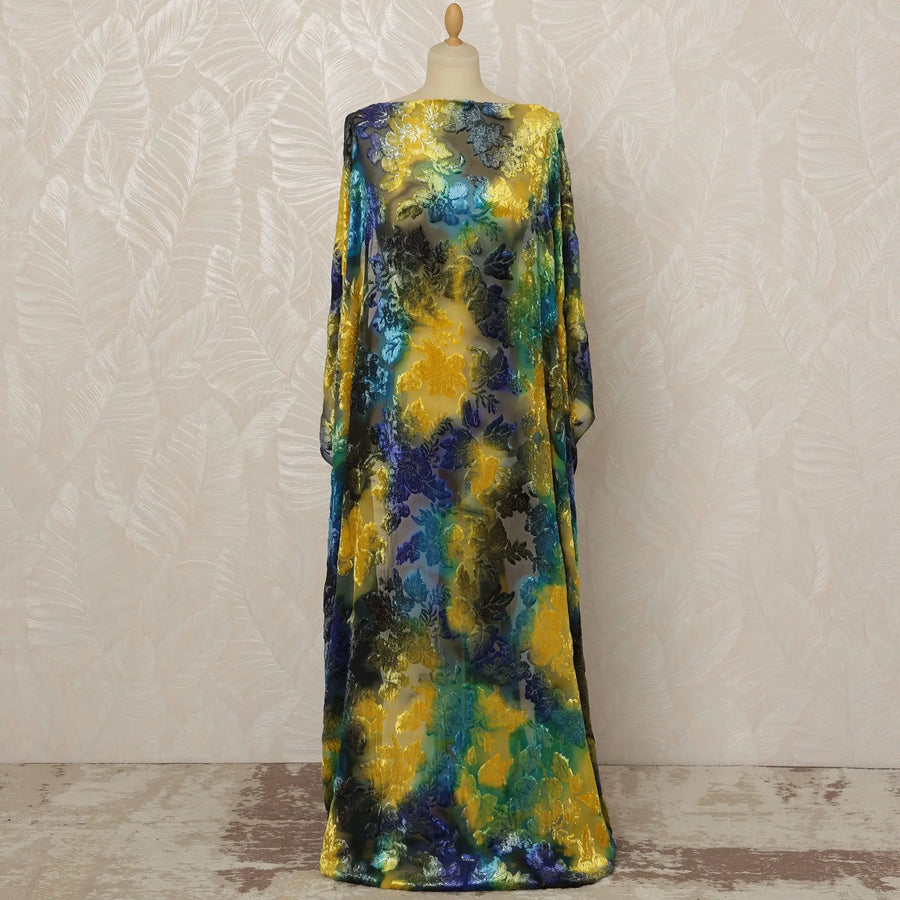 Traditional Somali Dirac Silk Blended Velvet Chiffon Fabric in Yellow and Blue with Floral Design, 3.5 Meters, 140 cm Width-D20614 Regal Fabrics
