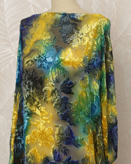 Traditional Somali Dirac Silk Blended Velvet Chiffon Fabric in Yellow and Blue with Floral Design, 3.5 Meters, 140 cm Width-D20614