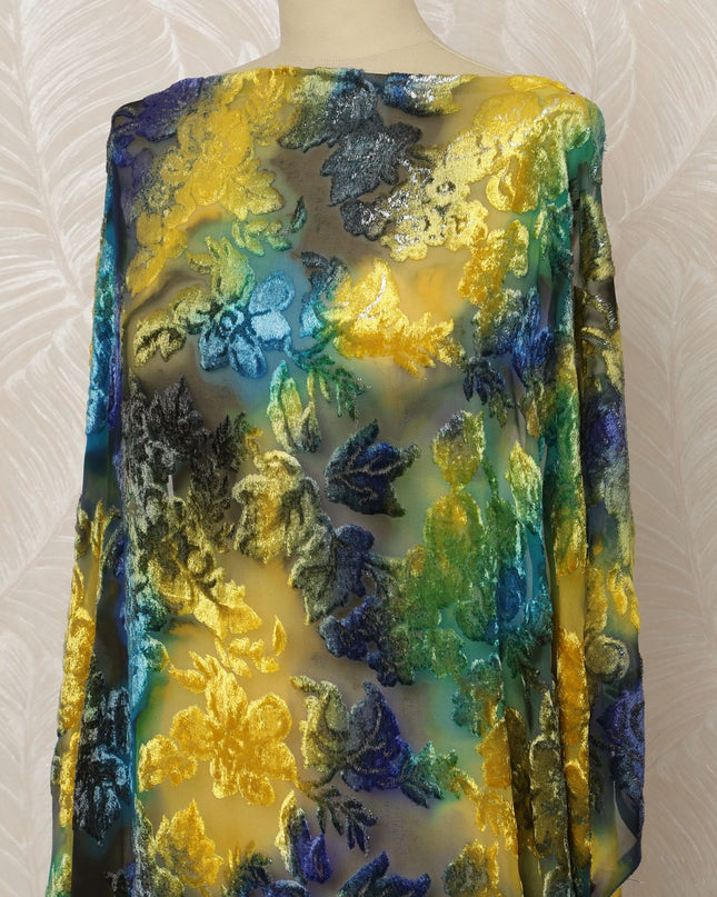 Traditional Somali Dirac Silk Blended Velvet Chiffon Fabric in Yellow and Blue with Floral Design, 3.5 Meters, 140 cm Width-D20614