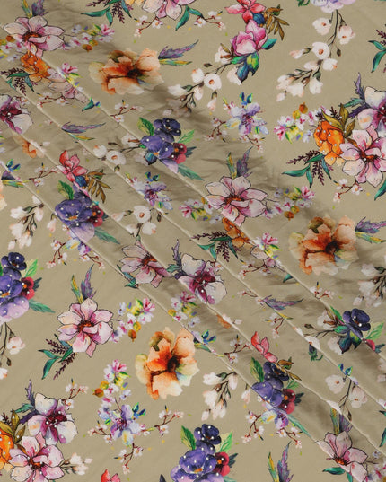 Elegant Synthetic Crepe Fabric with Stone Work - Multicolor Floral Design on Beige Background, 110 cm Width-D20643