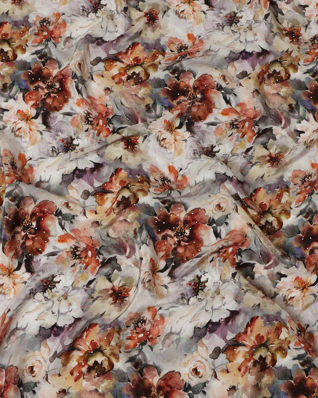 Synthetic Crepe Fabric with Stone Work - Autumn Floral Print in Warm Earthy Tones, 110 cm Width-D20644