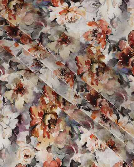 Synthetic Crepe Fabric with Stone Work - Autumn Floral Print in Warm Earthy Tones, 110 cm Width-D20644