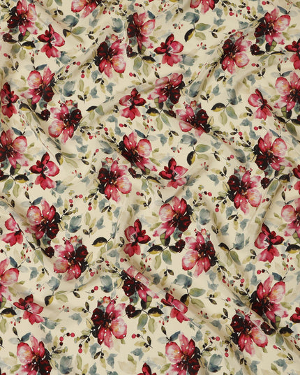 Synthetic Crepe Fabric with Stone Work - Vibrant Red and Pink Floral on Cream Background, 110 cm Width-D20645