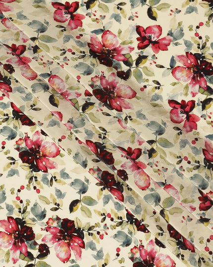 Synthetic Crepe Fabric with Stone Work - Vibrant Red and Pink Floral on Cream Background, 110 cm Width-D20645