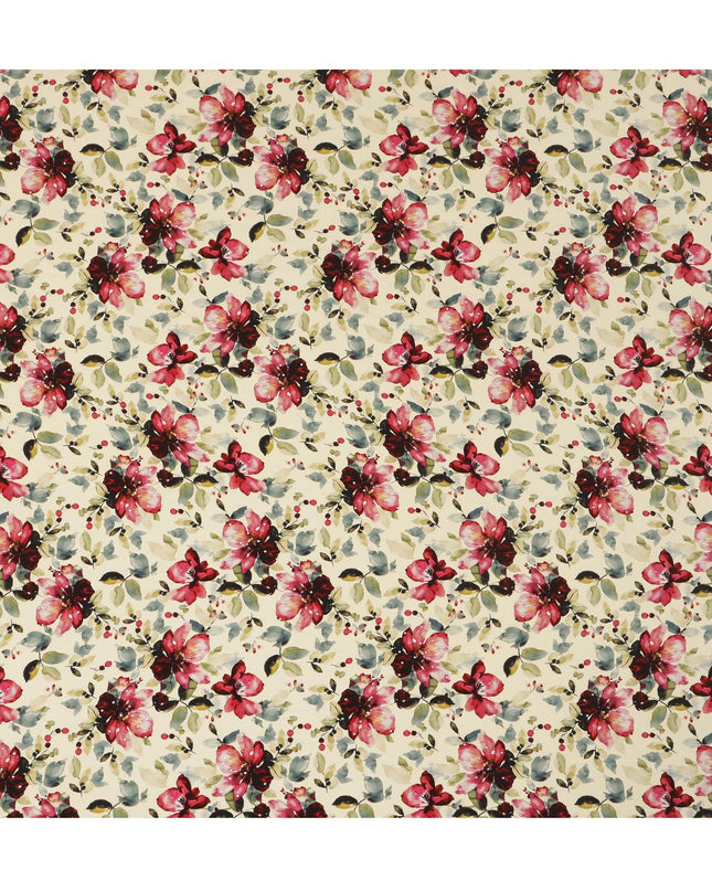 Synthetic Crepe Fabric with Stone Work - Vibrant Red and Pink Floral on Cream Background, 110 cm Width-D20645