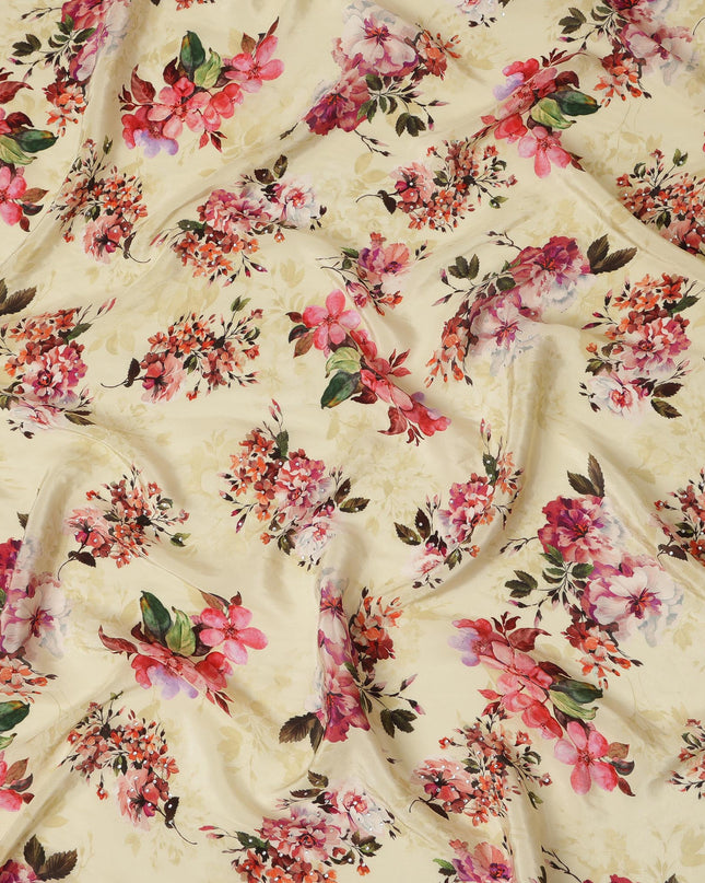 Synthetic Crepe Fabric with Stone Work - Delicate Pink and Red Floral on Light Yellow, 110 cm Width-D20646