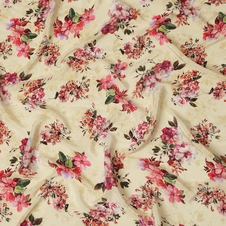Synthetic Crepe Fabric with Stone Work - Delicate Pink and Red Floral on Light Yellow, 110 cm Width-D20646