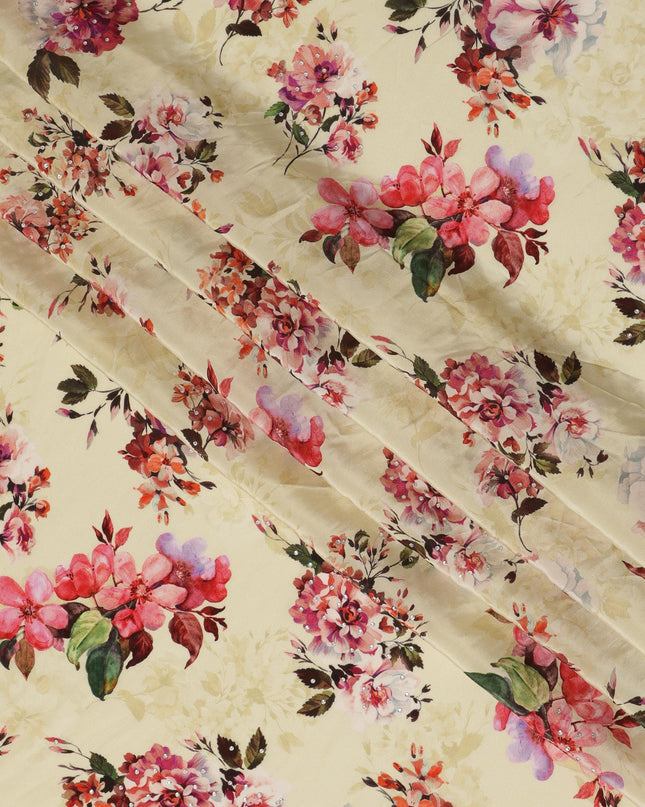 Synthetic Crepe Fabric with Stone Work - Delicate Pink and Red Floral on Light Yellow, 110 cm Width-D20646