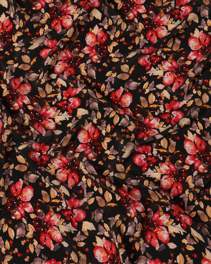 Synthetic Crepe Fabric with Stone Work - Bold Red and Gold Floral on Black Background, 110 cm Width-D20647