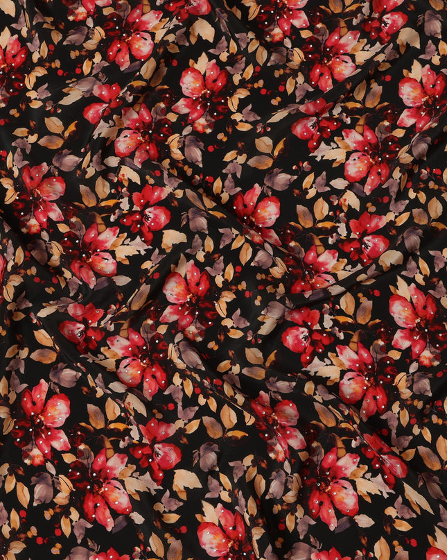 Synthetic Crepe Fabric with Stone Work - Bold Red and Gold Floral on Black Background, 110 cm Width-D20647