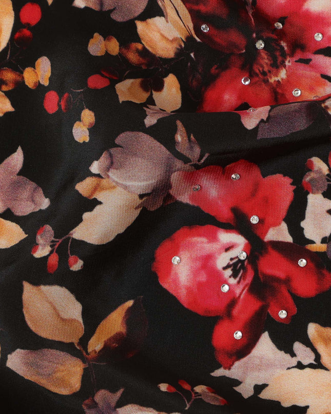 Synthetic Crepe Fabric with Stone Work - Bold Red and Gold Floral on Black Background, 110 cm Width-D20647