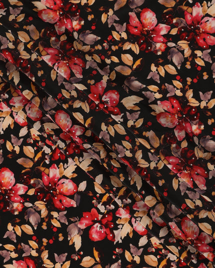 Synthetic Crepe Fabric with Stone Work - Bold Red and Gold Floral on Black Background, 110 cm Width-D20647