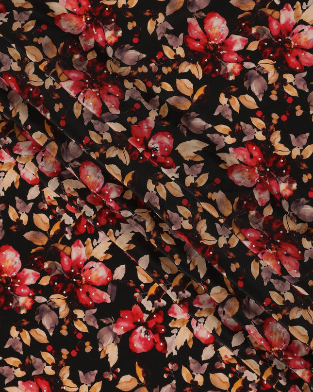 Synthetic Crepe Fabric with Stone Work - Bold Red and Gold Floral on Black Background, 110 cm Width-D20647