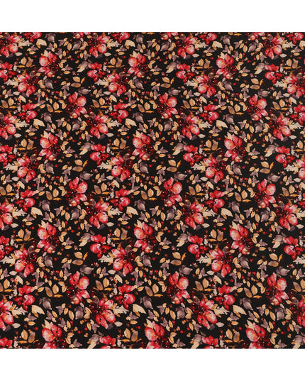 Synthetic Crepe Fabric with Stone Work - Bold Red and Gold Floral on Black Background, 110 cm Width-D20647