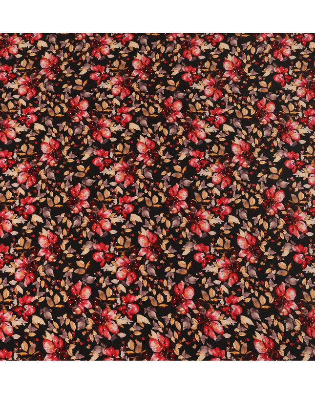 Synthetic Crepe Fabric with Stone Work - Bold Red and Gold Floral on Black Background, 110 cm Width-D20647