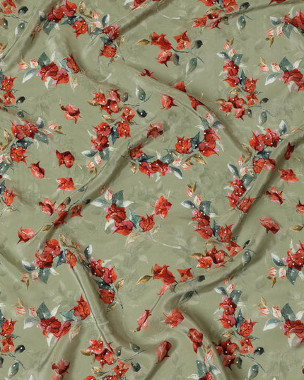 Synthetic Crepe Fabric with Stone Work - Red and Green Floral Vine on Sage Green, 110 cm Width-D20648