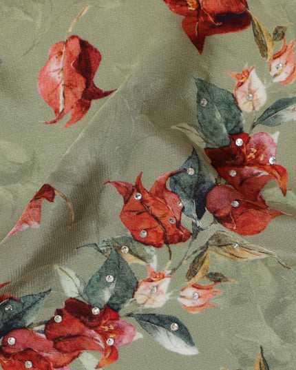 Synthetic Crepe Fabric with Stone Work - Red and Green Floral Vine on Sage Green, 110 cm Width-D20648