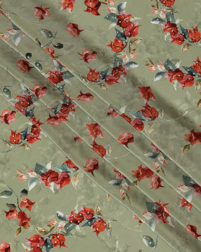 Synthetic Crepe Fabric with Stone Work - Red and Green Floral Vine on Sage Green, 110 cm Width-D20648