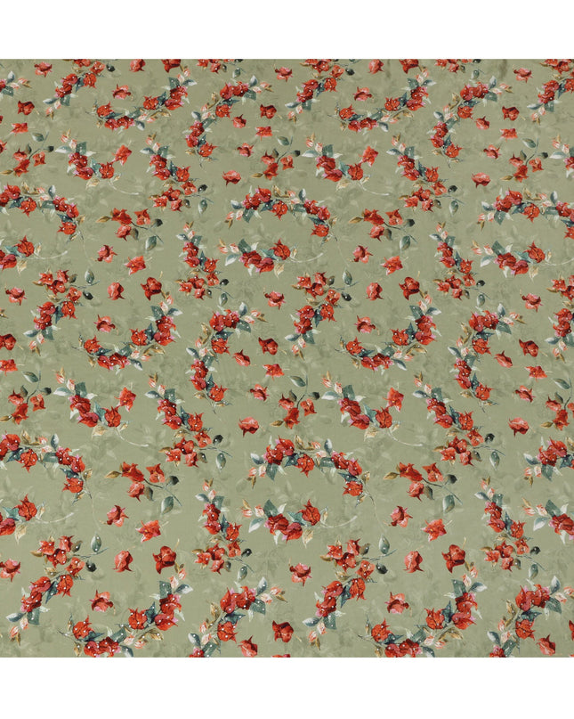 Synthetic Crepe Fabric with Stone Work - Red and Green Floral Vine on Sage Green, 110 cm Width-D20648