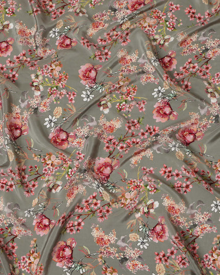 Synthetic Crepe Fabric with Stone Work - Soft Pink and White Floral on Dusty Olive, 110 cm Width-D20649