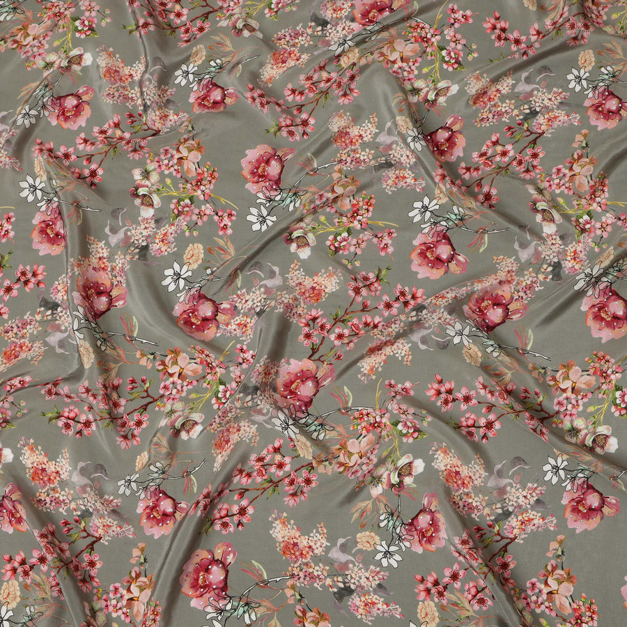 قماش كريب صناعي مع زخارف حجرية - زهري ناعم وأبيض على زيتوني باهت، عرض 110 سم - D20649