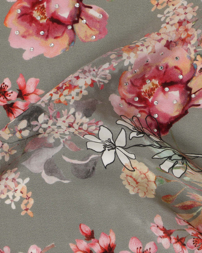 Synthetic Crepe Fabric with Stone Work - Soft Pink and White Floral on Dusty Olive, 110 cm Width-D20649