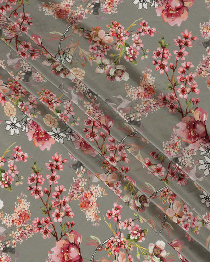 Synthetic Crepe Fabric with Stone Work - Soft Pink and White Floral on Dusty Olive, 110 cm Width-D20649