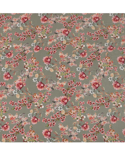 Synthetic Crepe Fabric with Stone Work - Soft Pink and White Floral on Dusty Olive, 110 cm Width-D20649