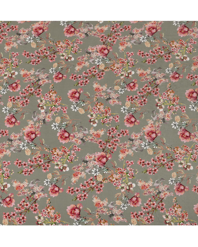 Synthetic Crepe Fabric with Stone Work - Soft Pink and White Floral on Dusty Olive, 110 cm Width-D20649