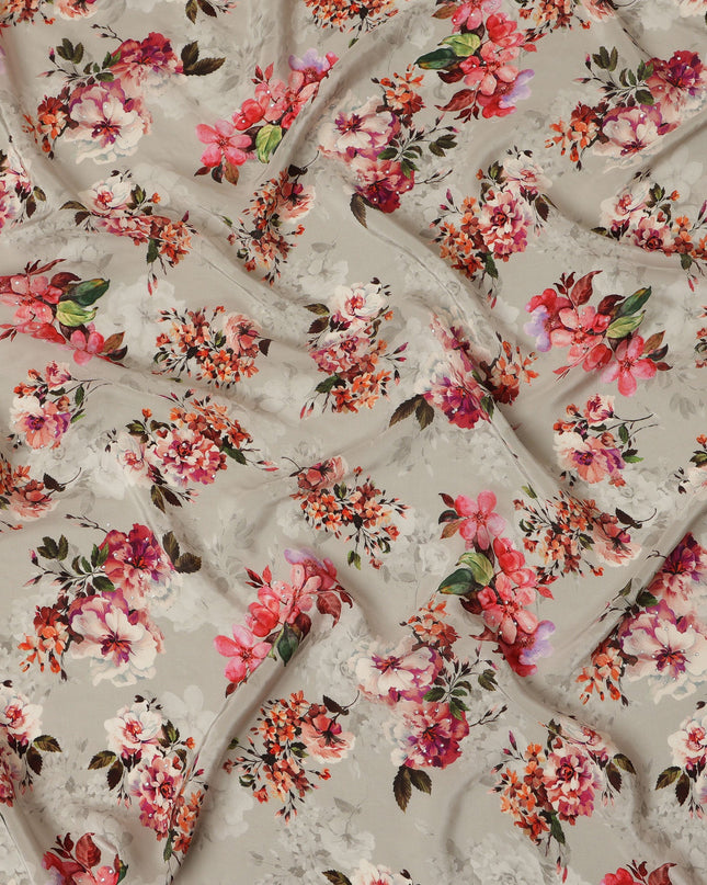 Synthetic Crepe Fabric with Stone Work - Vibrant Pink and Orange Floral on Light Grey, 110 cm Width-D20650