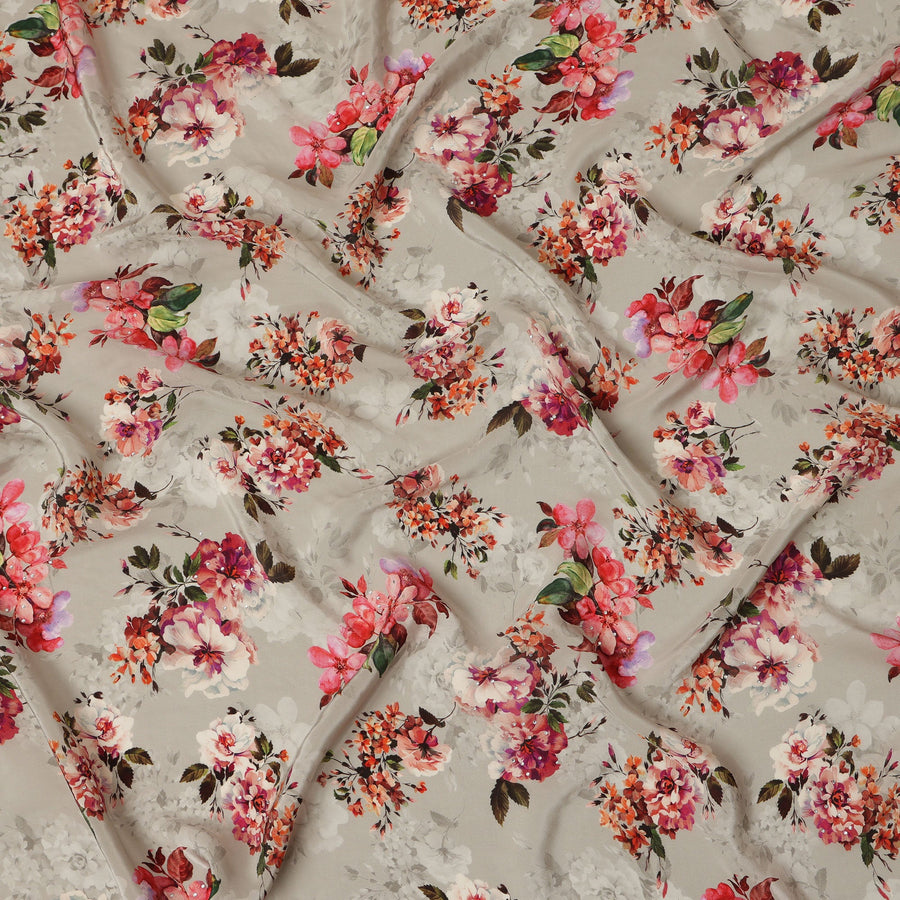 Synthetic Crepe Fabric with Stone Work - Vibrant Pink and Orange Floral on Light Grey, 110 cm Width-D20650