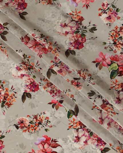 Synthetic Crepe Fabric with Stone Work - Vibrant Pink and Orange Floral on Light Grey, 110 cm Width-D20650