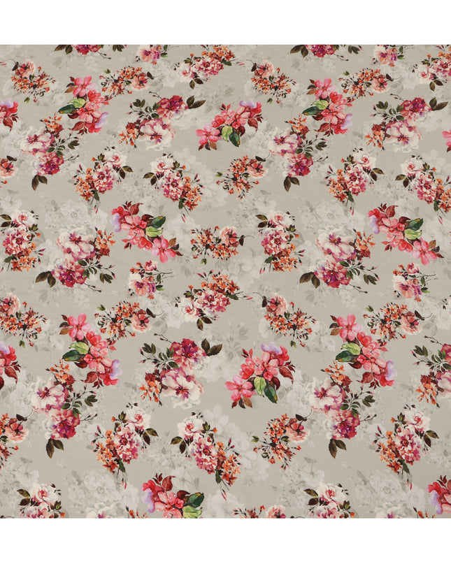 Synthetic Crepe Fabric with Stone Work - Vibrant Pink and Orange Floral on Light Grey, 110 cm Width-D20650