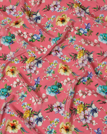 Synthetic Crepe Fabric with Stone Work - Multicolor Floral Bouquet on Coral Pink, 110 cm Width-D20651