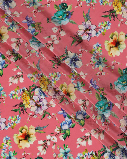 Synthetic Crepe Fabric with Stone Work - Multicolor Floral Bouquet on Coral Pink, 110 cm Width-D20651