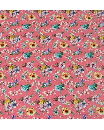 Synthetic Crepe Fabric with Stone Work - Multicolor Floral Bouquet on Coral Pink, 110 cm Width-D20651