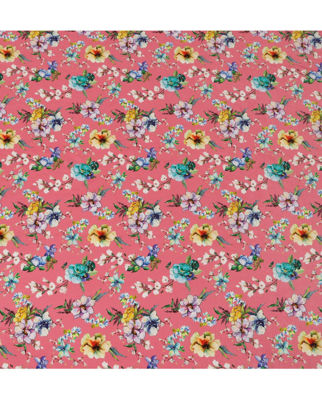 Synthetic Crepe Fabric with Stone Work - Multicolor Floral Bouquet on Coral Pink, 110 cm Width-D20651