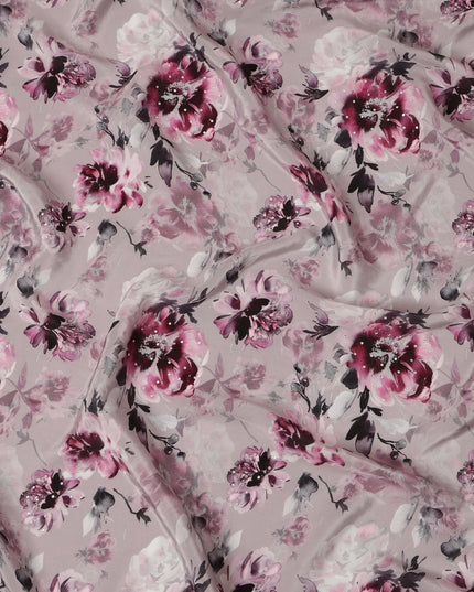 Synthetic Crepe Fabric with Stone Work - Elegant Pink and Purple Floral on Mauve, 110 cm Width-D20652