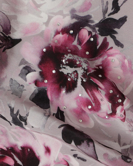 Synthetic Crepe Fabric with Stone Work - Elegant Pink and Purple Floral on Mauve, 110 cm Width-D20652