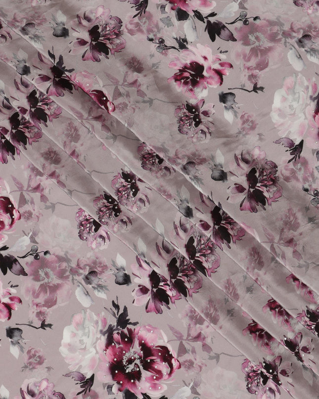 Synthetic Crepe Fabric with Stone Work - Elegant Pink and Purple Floral on Mauve, 110 cm Width-D20652