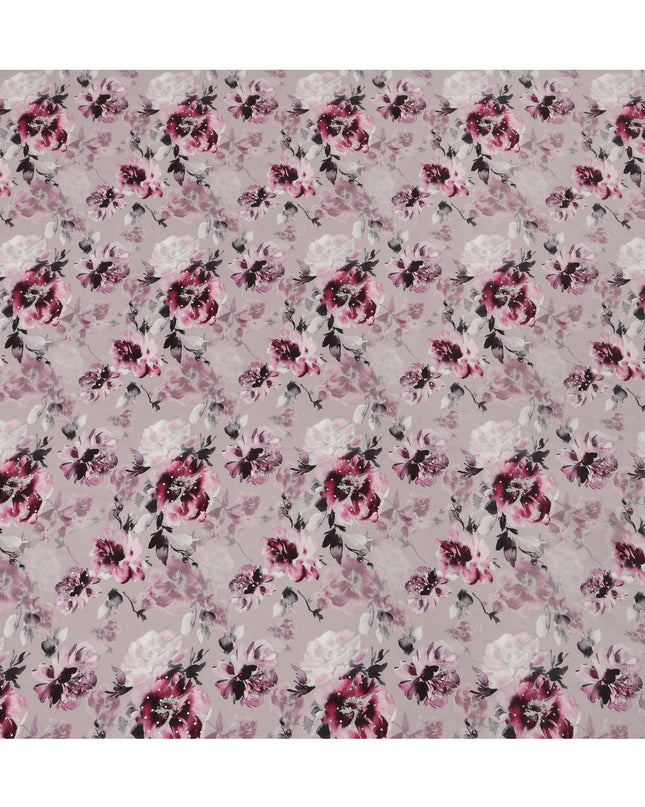 Synthetic Crepe Fabric with Stone Work - Elegant Pink and Purple Floral on Mauve, 110 cm Width-D20652