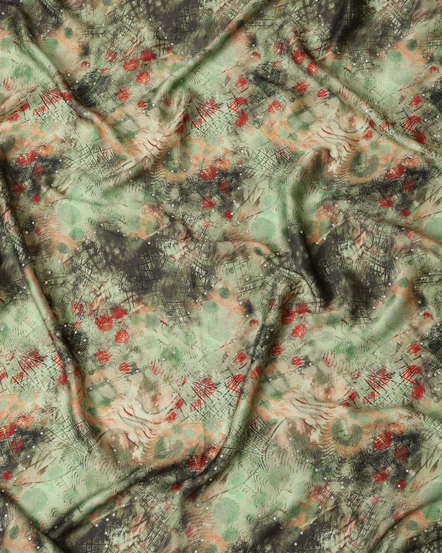 Synthetic Modal Satin Fabric with Stone Work - Abstract Green and Red Pattern on Olive, 110 cm Width-D20653