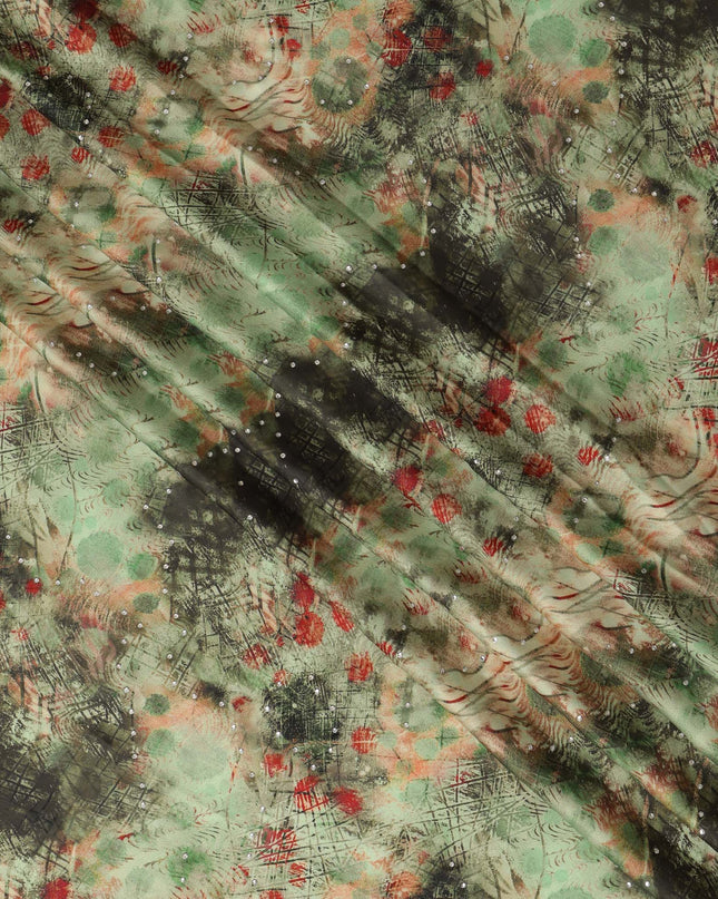 Synthetic Modal Satin Fabric with Stone Work - Abstract Green and Red Pattern on Olive, 110 cm Width-D20653