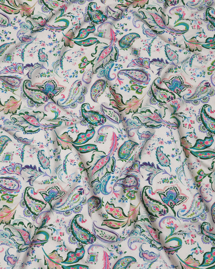 Synthetic Modal Satin Fabric with Stone Work - Vibrant Paisley Design in Green and Pink on White, 110 cm Width-D20654