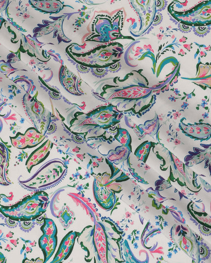 Synthetic Modal Satin Fabric with Stone Work - Vibrant Paisley Design in Green and Pink on White, 110 cm Width-D20654