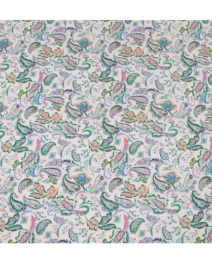 Synthetic Modal Satin Fabric with Stone Work - Vibrant Paisley Design in Green and Pink on White, 110 cm Width-D20654