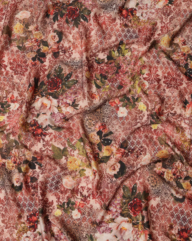 Synthetic Modal Satin Fabric with Stone Work - Vintage Rose and Lace Pattern in Earthy Tones, 110 cm Width-D20655